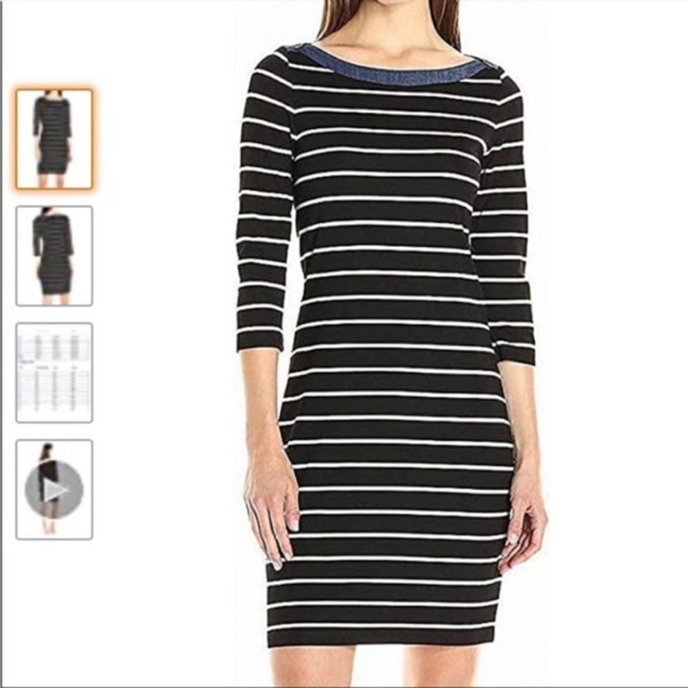 Tommy‎ Hilfiger Jersey Dress White Stripes Denim Collar 3/4 Sleeve Size M